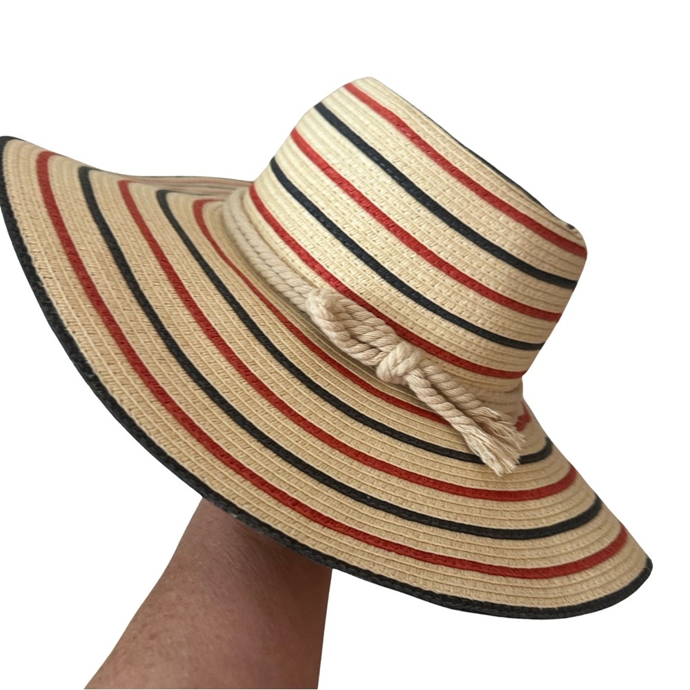Chaps Straw Wide Brim Sun Hat Multicolor Stripes with Bow Detail OS